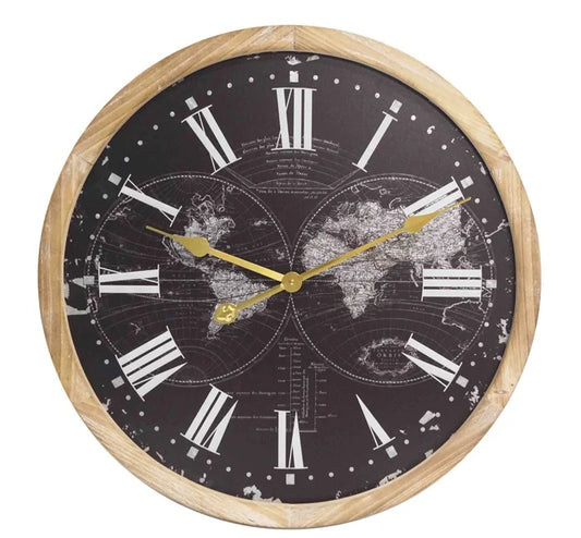 WOODEN WALL CLOCK BLACK WORLDMAP DIA 60*4.5CM WITH GLASS
