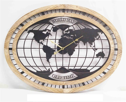 WALL CLOCK WOODEN WORLD MAP OLD TIME 80*4,5*60CM