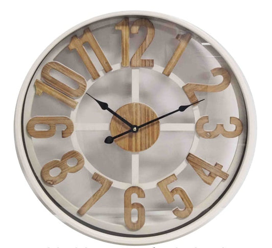 WHITE WALL CLOCK WOODEN DIGIT DIA50*6CM WITH GLASS