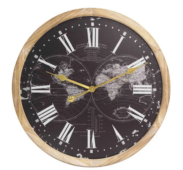 WOODEN WALL CLOCK BLACK WORLDMAP DIA 60*4.5CM WITH GLASS