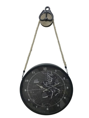 METAL GEAR CLOCK ON PULLEY BLACK 38X9X72CM GLASS COVER
