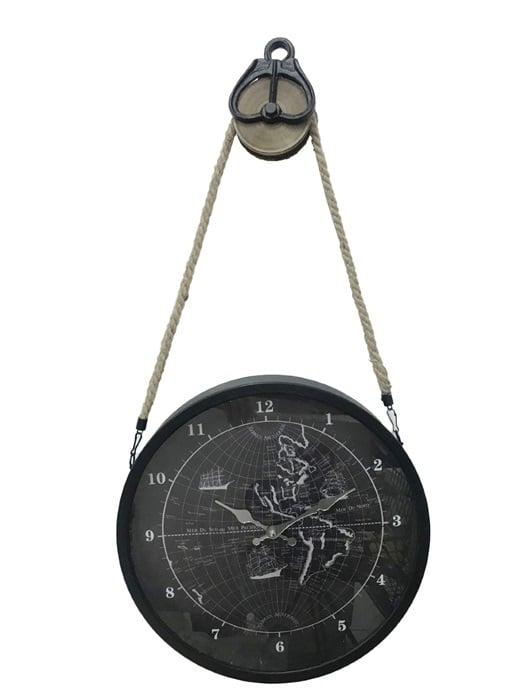 METAL GEAR CLOCK ON PULLEY BLACK 38X9X72CM GLASS COVER