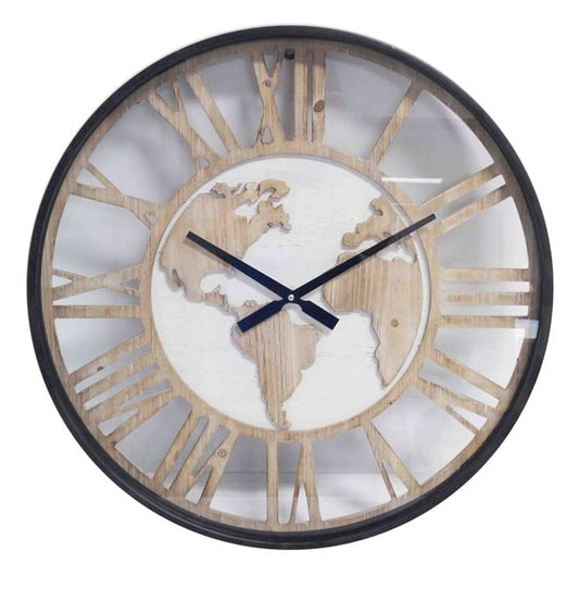 WALL CLOCK WOODEN WORLD MAP 60*6CM GLASS COVER