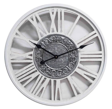WHITE WOODEN WALL CLOCK METAL INSIGNE DIA60*4.5CM