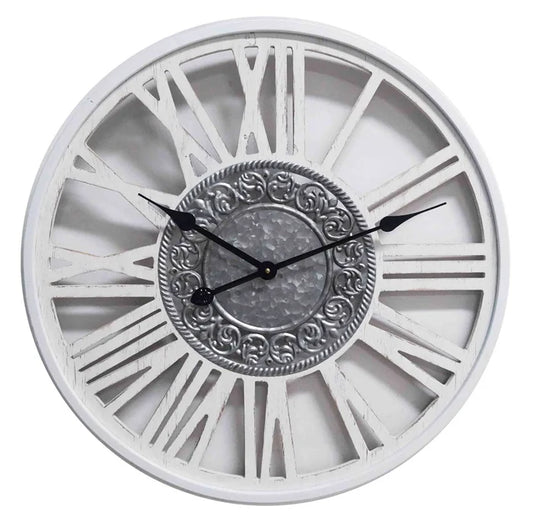 WHITE WOODEN WALL CLOCK METAL INSIGNE DIA60*4.5CM
